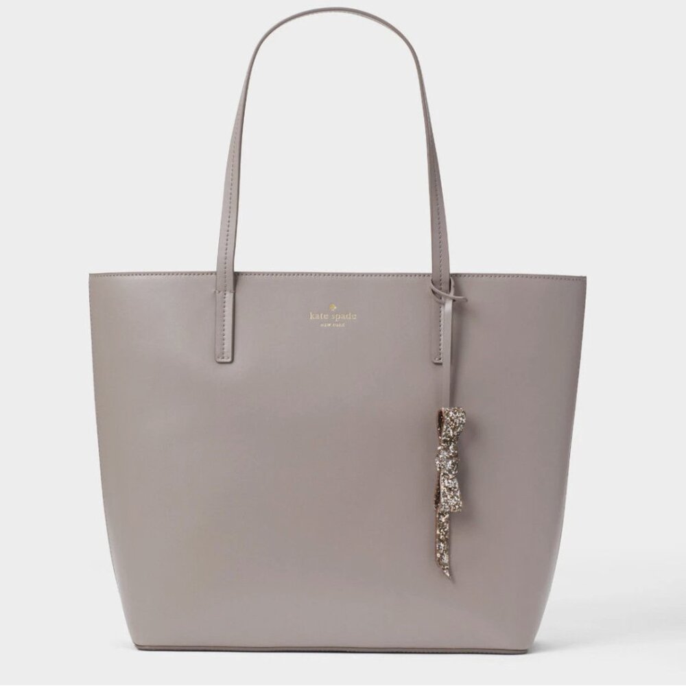 Kate Spade Karla Cityscape Gray Smooth Leather Tote & Bow Charm NWOT Lined Int.